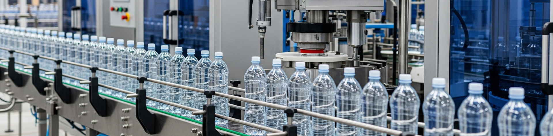 Automated water bottling line using ozone for bottling to ensure product purity.